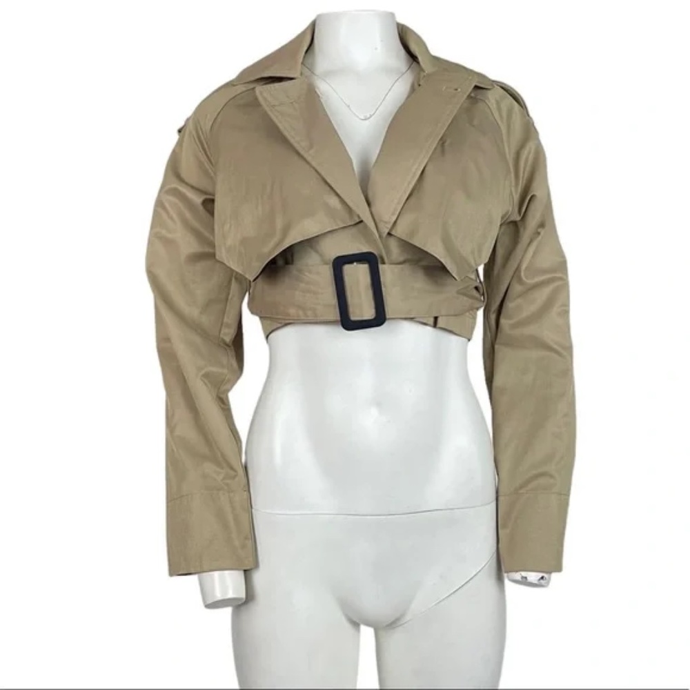 Beige Cropped Trench Jacket Belted Utility Coat Chic NWT - Picture 3 of 6